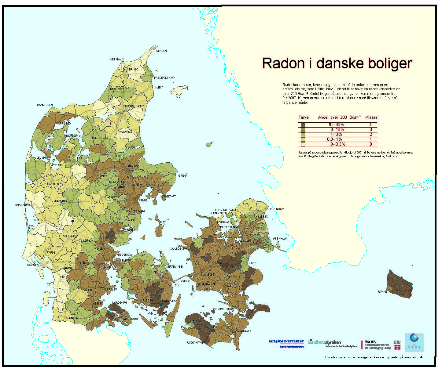 Kort over hvor der er Radon i Danmark